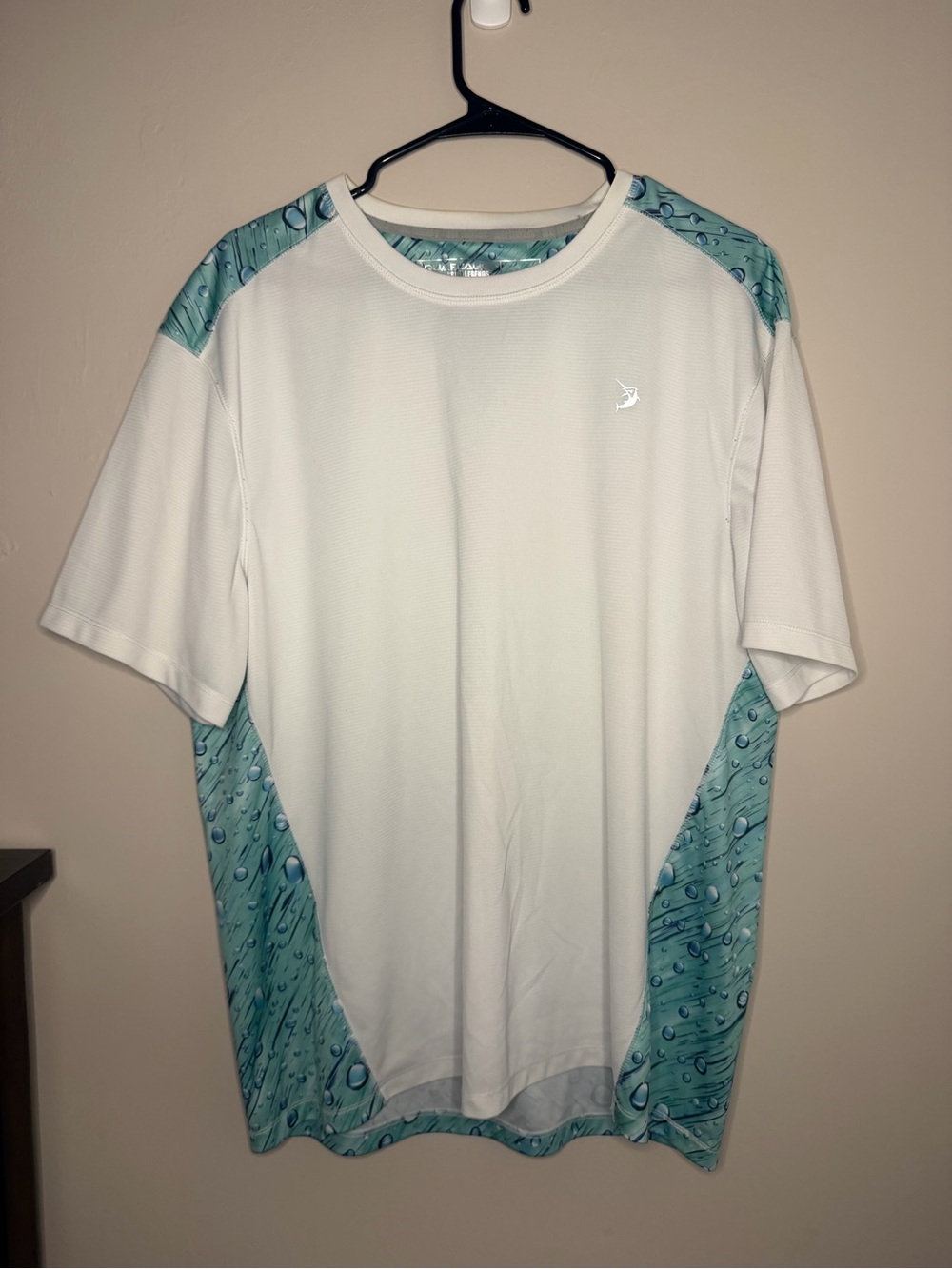 Reel Legends White Short Sleeve Performance Tee with Aqua Water-Drop Panels